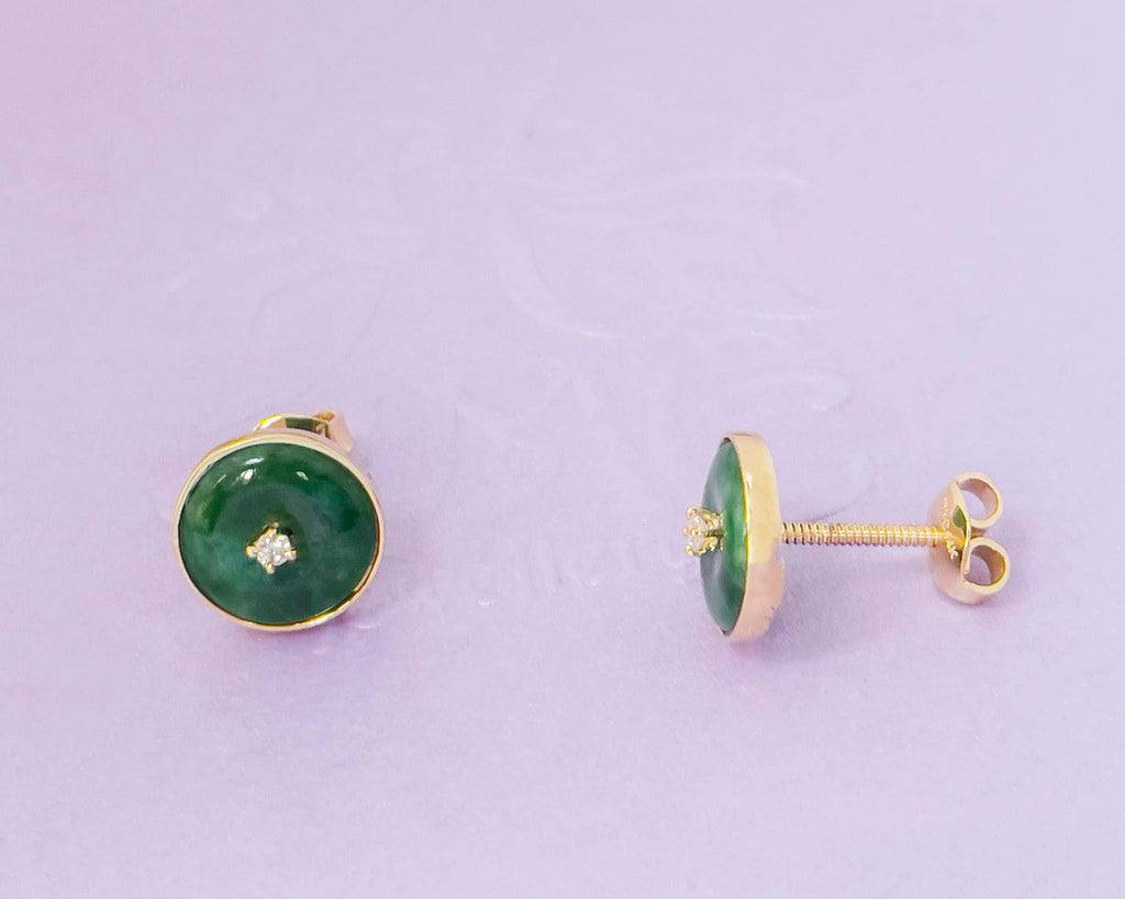 Bông tai Vàng Đồng điếu Cẩm thạch thiên nhiên Burmese BI / Donut Circle Jadeite Jade Bezel Earrings in 14K Yellow Gold by AME Jewellery