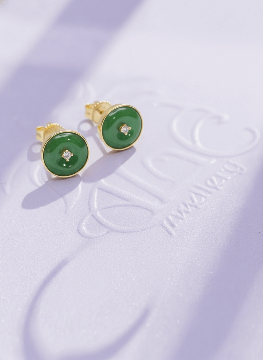 Bông tai Vàng Đồng điếu Cẩm thạch thiên nhiên Burmese BI / Donut Circle Jadeite Jade Bezel Earrings in 14K Yellow Gold by AME Jewellery