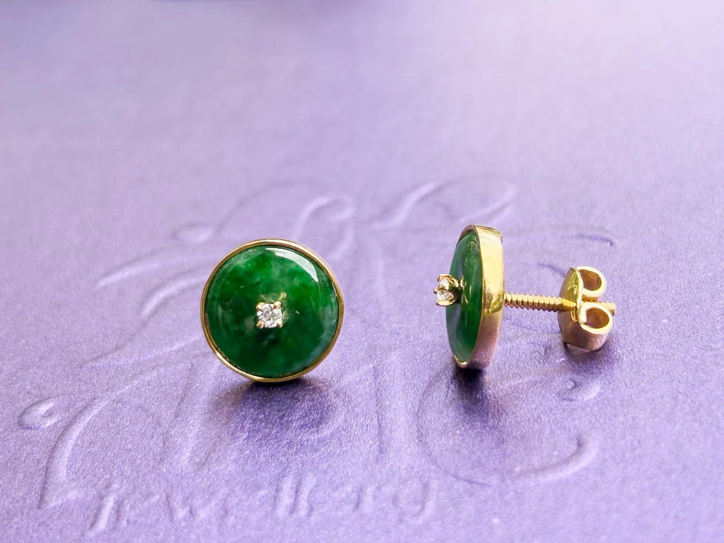 Bông tai Vàng Đồng điếu Cẩm thạch thiên nhiên Burmese BI / Donut Circle Jadeite Jade Bezel Earrings in 14K Yellow Gold by AME Jewellery