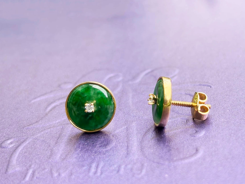 Bông tai Vàng Đồng điếu Cẩm thạch thiên nhiên Burmese BI / Donut Circle Jadeite Jade Bezel Earrings in 14K Yellow Gold by AME Jewellery