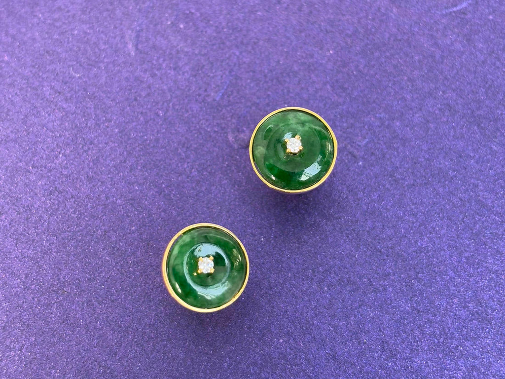 Bông tai Vàng Đồng điếu Cẩm thạch thiên nhiên Burmese BI / Donut Circle Jadeite Jade Bezel Earrings in 14K Yellow Gold by AME Jewellery