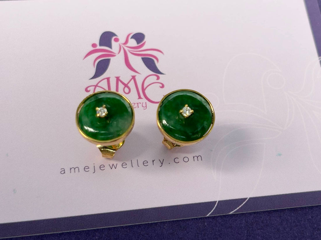 Bông tai Vàng Đồng điếu Cẩm thạch thiên nhiên Burmese BI / Donut Circle Jadeite Jade Bezel Earrings in 14K Yellow Gold by AME Jewellery