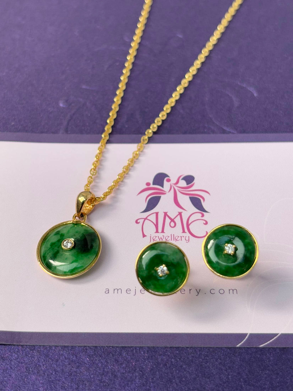 Burmese BI Jadeite Jade Bezel Two-Piece Jewelry Set in 14K Gold