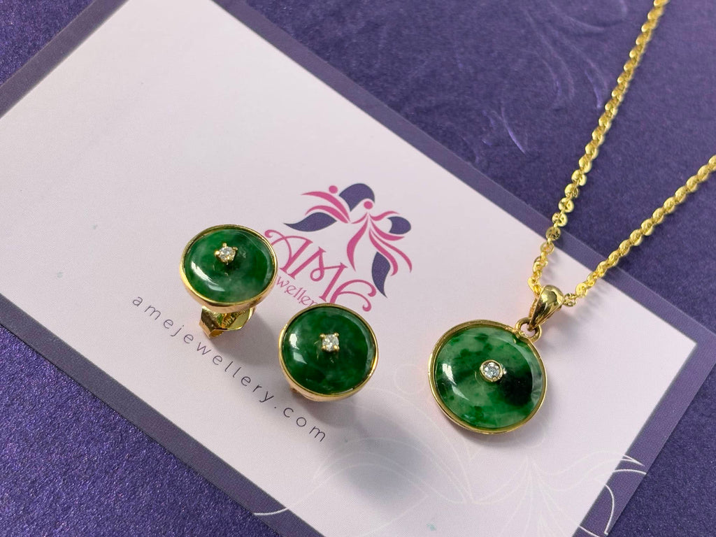 Trang sức Vàng Đồng điếu Cẩm thạch thiên nhiên Miến Điện Burmese BI Jadeite Jade Jewelry in 14K Yellow Gold by AME Jewellery