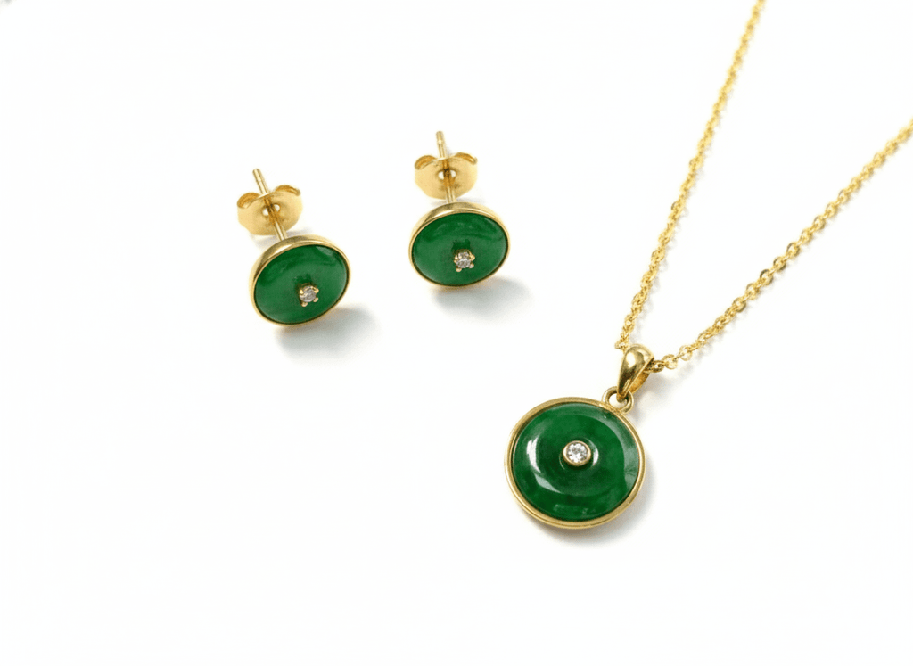 Trang sức Vàng Đồng điếu Cẩm thạch thiên nhiên Miến Điện Burmese BI Jadeite Jade Jewelry in 14K Yellow Gold by AME Jewellery