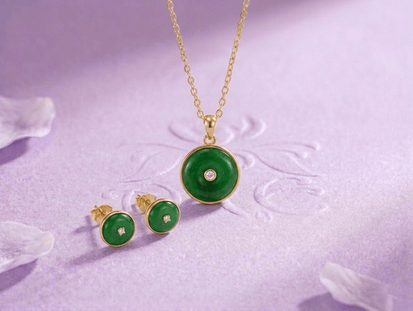 Burmese BI Jadeite Jade Bezel Two-Piece Jewelry Set in 14K Yellow Gold by AME Jewellery. 