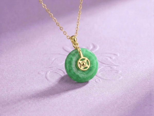 Burmese Natural Donut Circle Jadeite Jade Lucky coin Pendant in 14K Yellow Gold by AME Jewellery