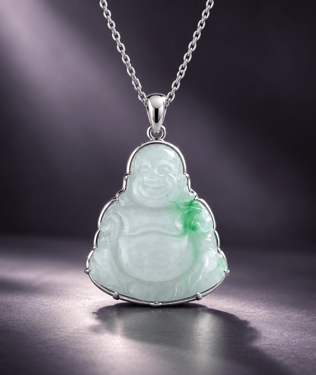 Natural jadeite (翡 翠 Fěicuì) carving of a Maitreya Buddha (彌勒佛) pendant in sterling silver - AME Jewellery.