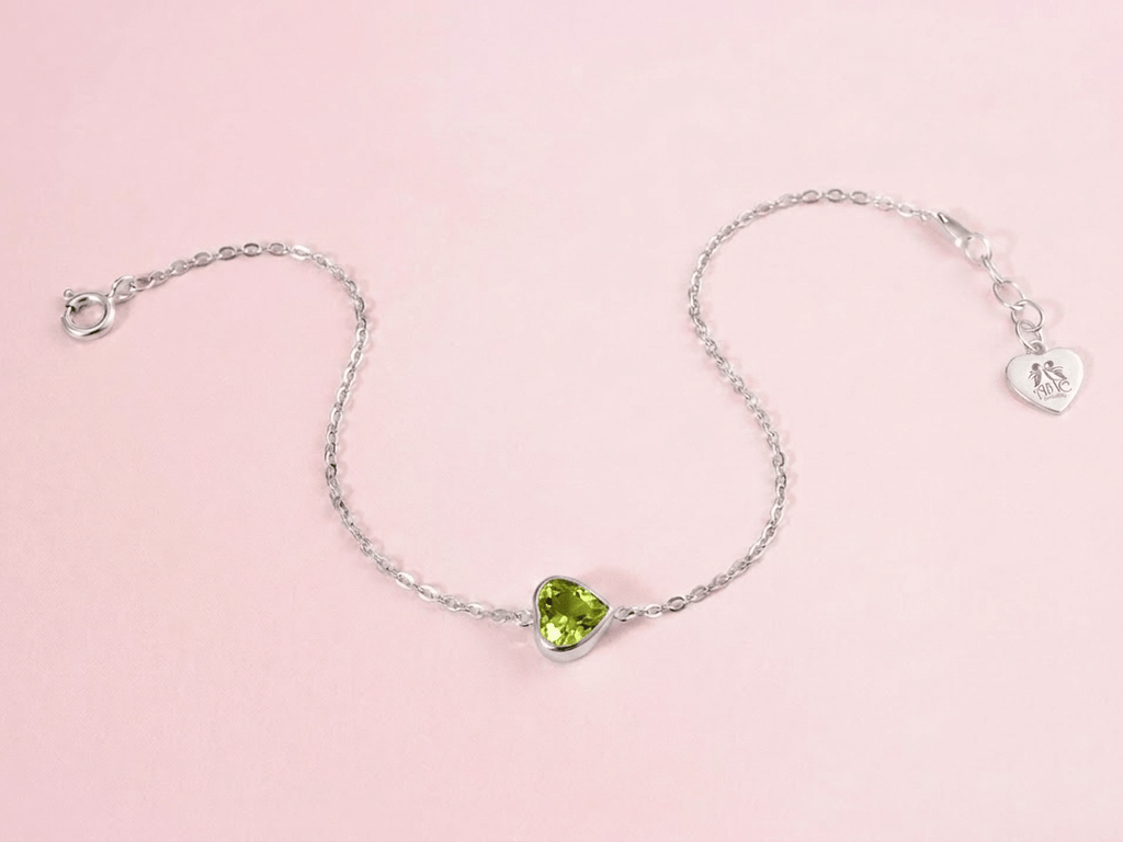 Natural Heart-cut Peridot Bracelet in Sterling Silver by AME Jewellery.