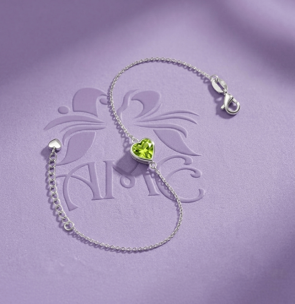 Natural Heart-cut Peridot Bracelet in Sterling Silver by AME Jewellery.