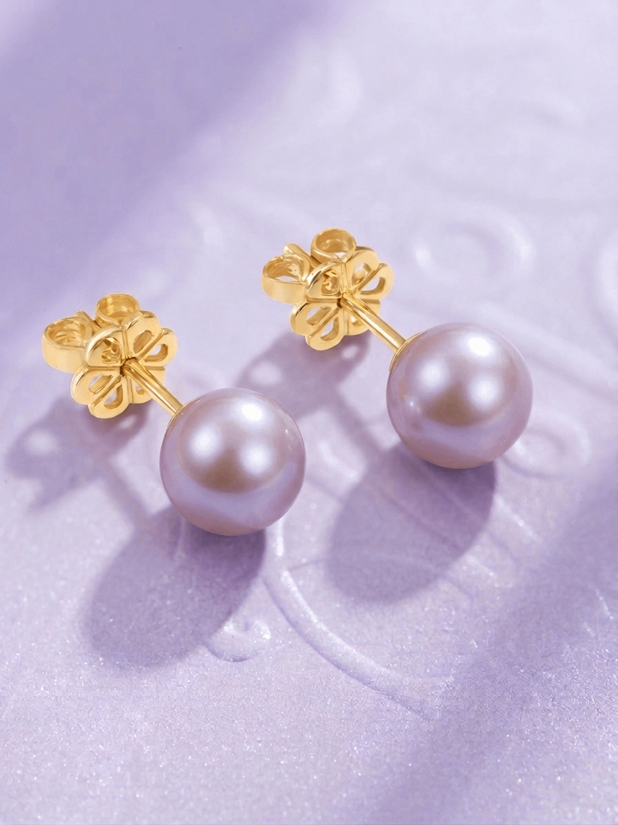 Lavender Freshwater Cultured Pearl Stud Earrings in 14-karat Yellow Gold by AME Jewellery.