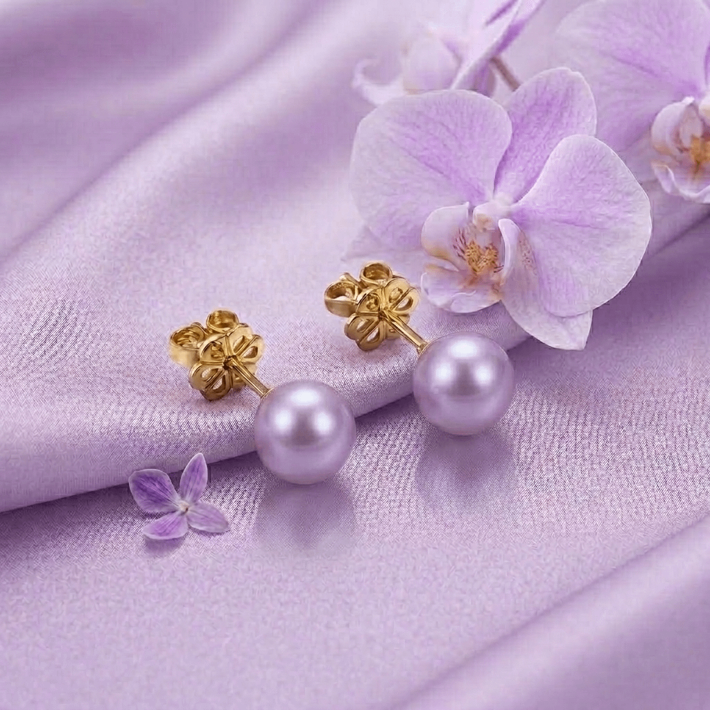 Lavender Freshwater Cultured Pearl Stud Earrings in 14-karat Yellow Gold by AME Jewellery.