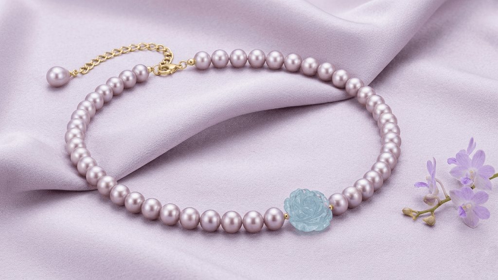 Lavender Freshwater Pearl Strand Necklace with Aquamarine Rose in 14K Yellow Gold - AME Jewellery