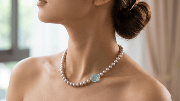 Lavender Freshwater Pearl Strand Necklace with Aquamarine Rose in 14K Yellow Gold - AME Jewellery