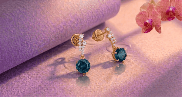 Natural London Blue Topaz Drop Earrings in 14K Yellow Gold by AME Jewellery.
