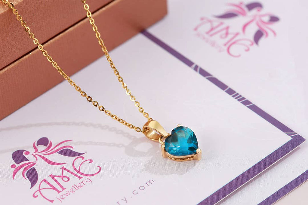 Mặt dây chuyền Vàng Đá quý tự nhiên Heart cut London Blue Topaz Pendant 14K Yellow Gold by AME Jewellery