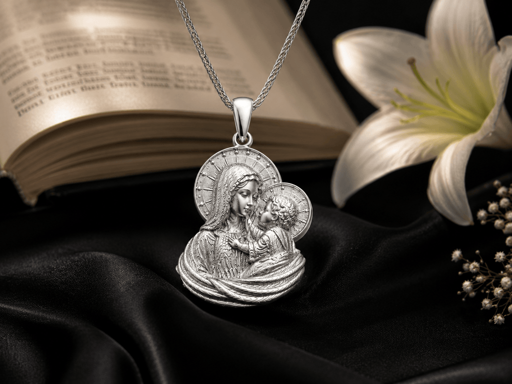  this exquisite pendant depicts the timeless image of the Madonna and Child — the Blessed Virgin Mary lovingly holding the Child Jesus.
