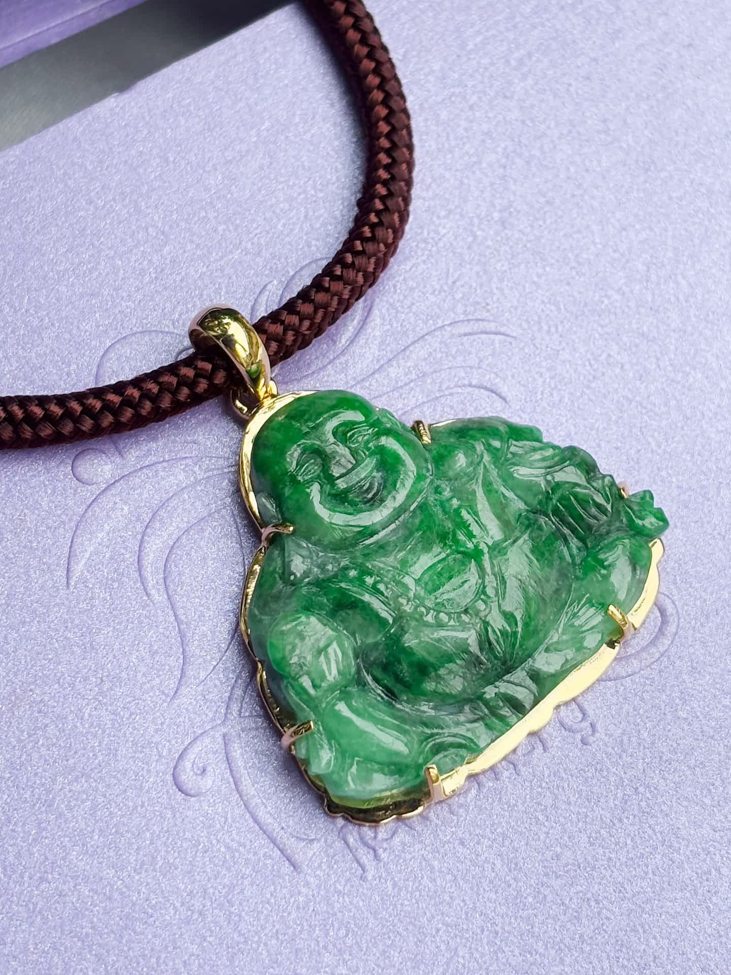 Burmese Jadeite Jade Maitreya Buddha Pendant in 14K Gold– AME