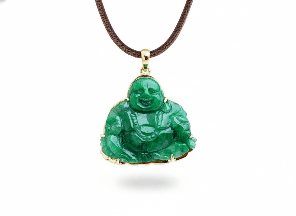Mặt dây Vàng Phật Di Lặc Cẩm thạch Burmese Jadeite Jade Maitreya Buddha Pendant in 14K Yellow Gold by AME Jewellery