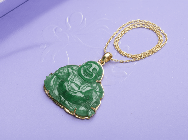 Mặt dây Vàng Phật Di Lặc Cẩm thạch Burmese Jadeite Jade Maitreya Buddha Pendant in 14K Yellow Gold by AME Jewellery
