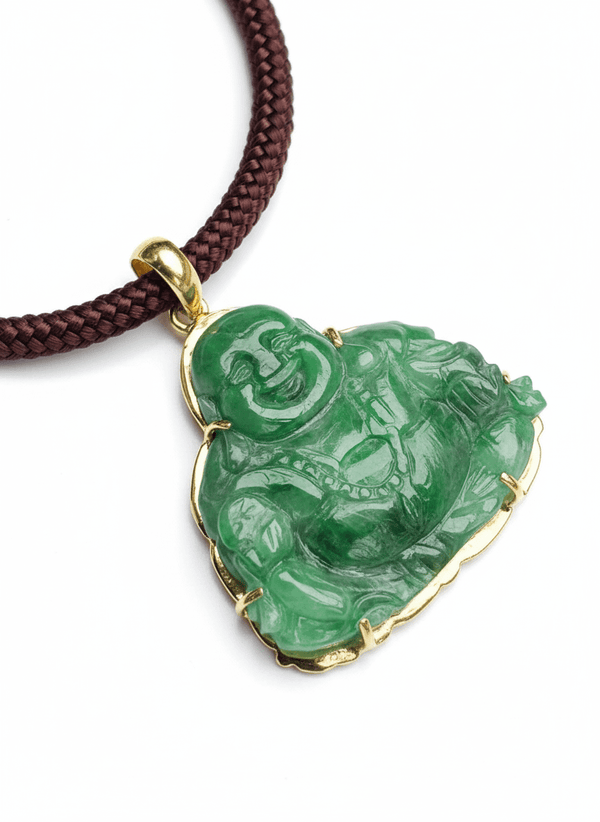 Mặt dây Vàng Phật Di Lặc Cẩm thạch Burmese Jadeite Jade Maitreya Buddha Pendant in 14K Yellow Gold by AME Jewellery