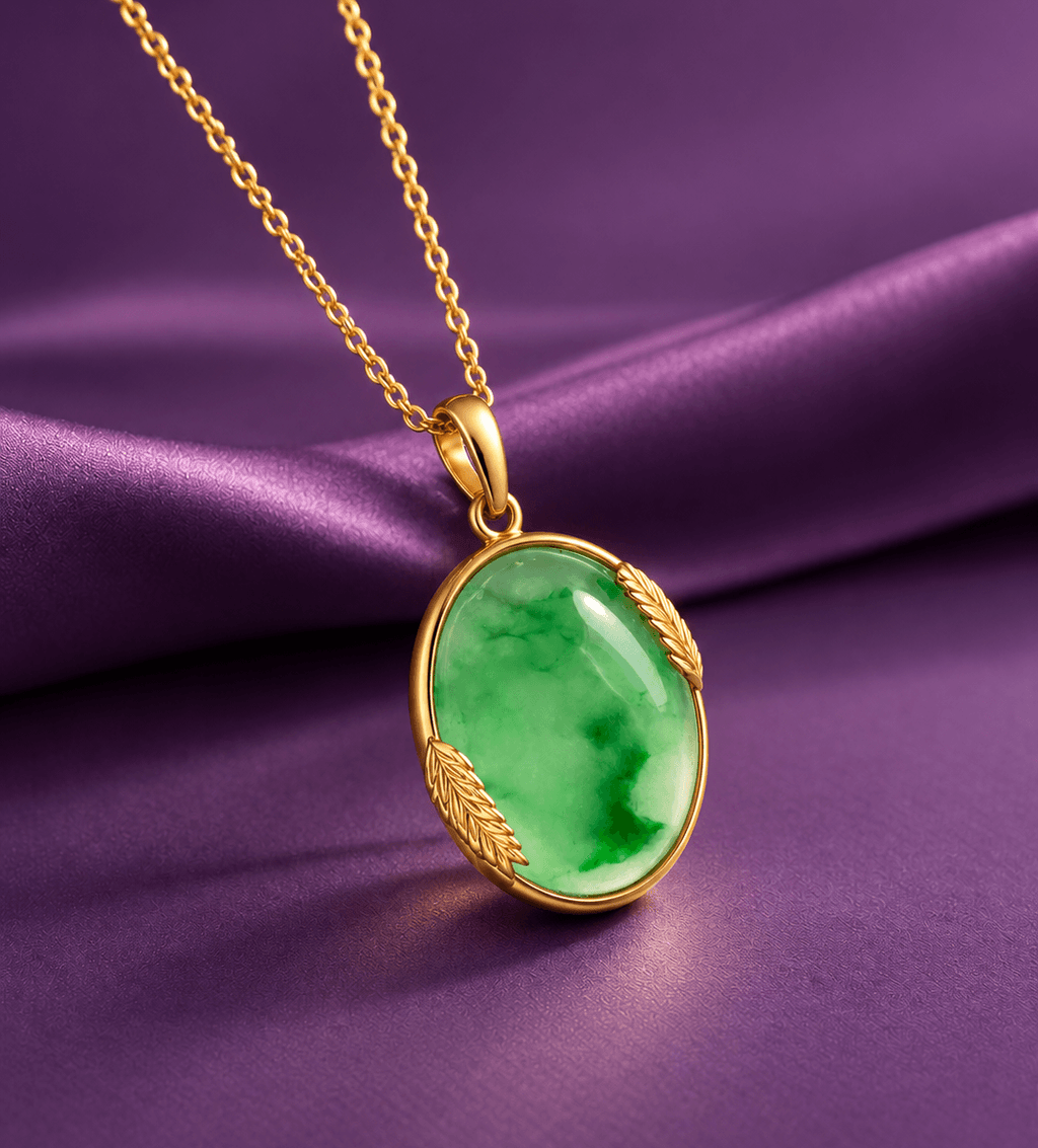 Mặt dây Bông Lúa Vàng Đá quý thiên nhiên Cẩm Thạch Miến Điện - Burmese Jadeite Jade Rice Panicle Pendant in 14K Yellow Gold by AME Jewellery