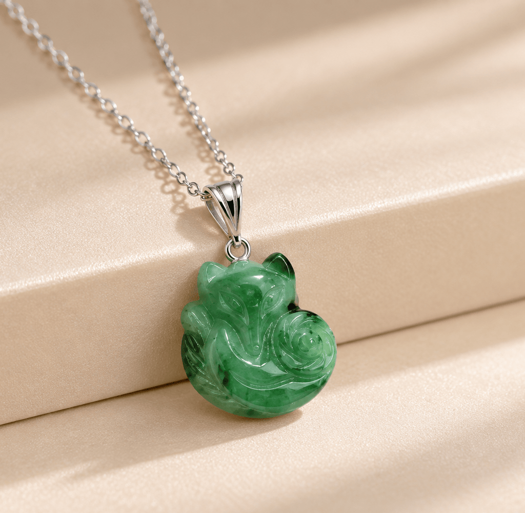 Mặt dây vàng trắng Hồ Ly Vĩ Cửu cẩm thạch thiên nhiên - AME Jewellery