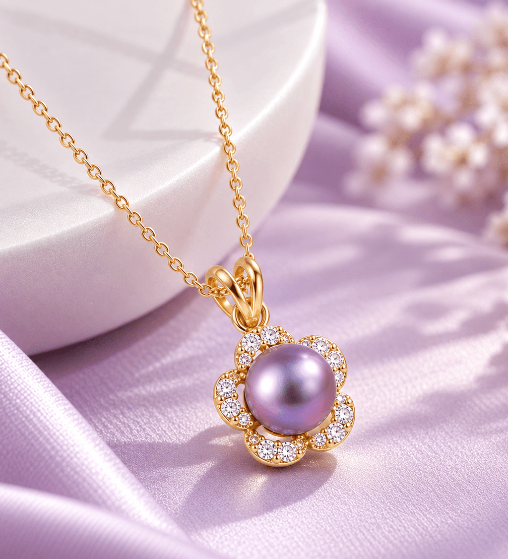 Mặt dây chuyền vàng 14K ngọc trai màu tím hoa cà - AME Jewellery