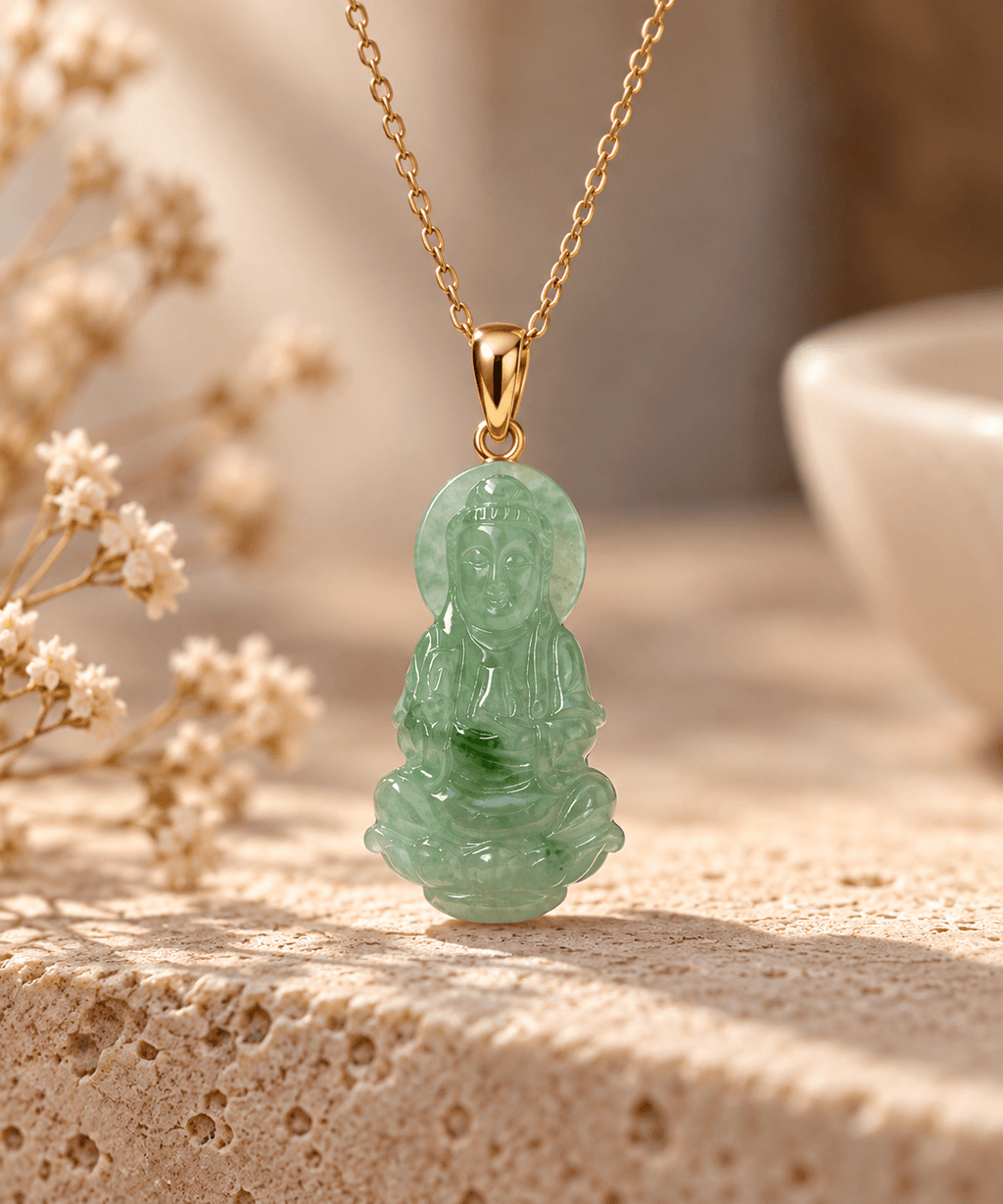 Mặt dây chuyền Vàng 14K Phật Bà Quan Âm Cẩm thạch thiên nhiên - AME Jewellery
