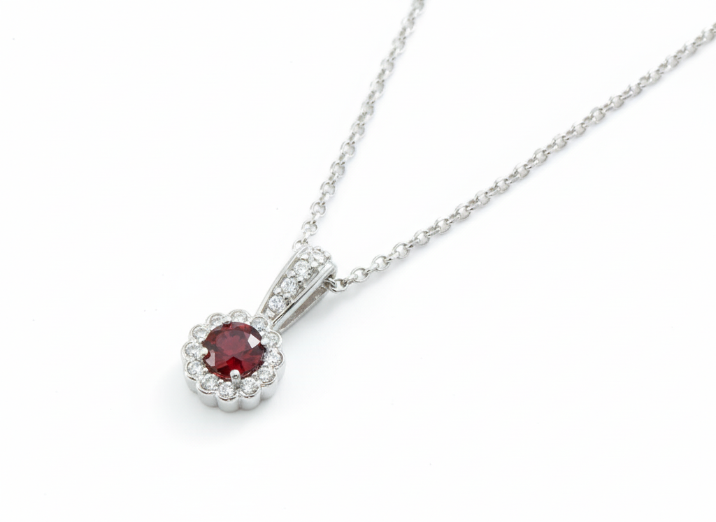 Mặt dây chuyền Đá quý tự nhiên Red Garnet Halo Pendant in Sterling Silver by AME Jewellery
