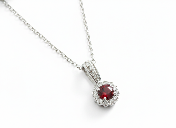 Mặt dây chuyền Đá quý tự nhiên Red Garnet Halo Pendant in Sterling Silver by AME Jewellery