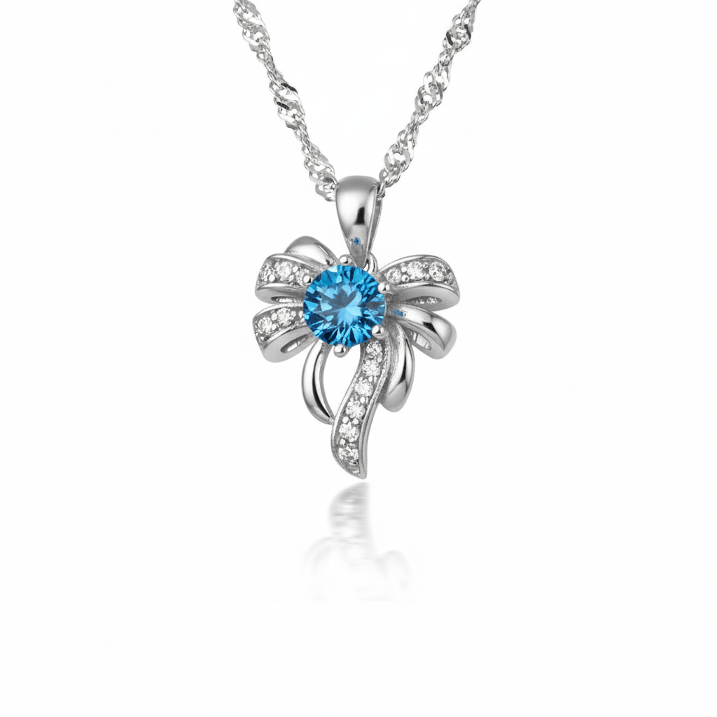 Mặt dây Đá quý tự nhiên Blue Topaz Bow Pendant Necklace in Sterling Silver by AME Jewellery