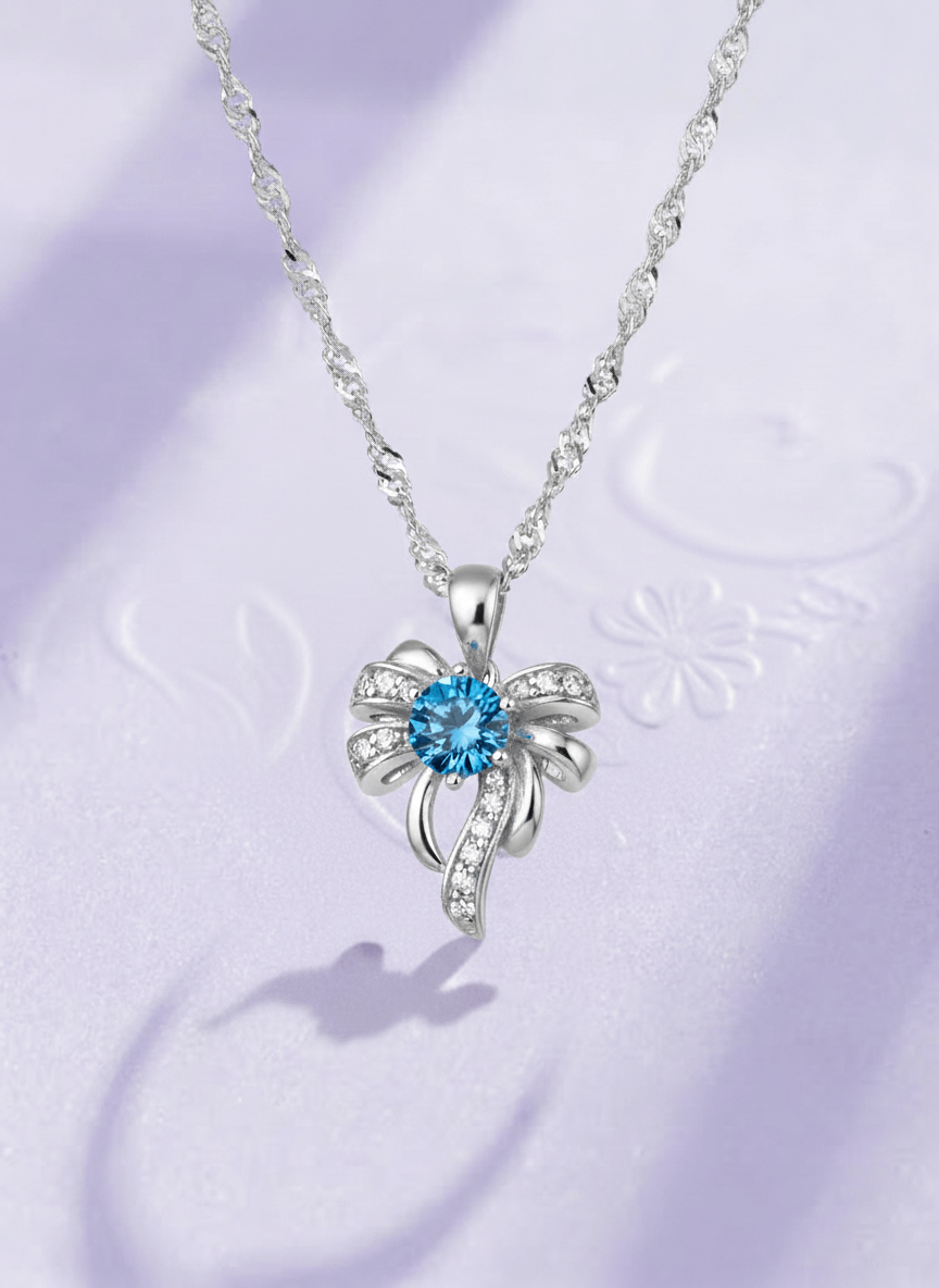 Mặt dây Đá quý tự nhiên Blue Topaz Bow Pendant Necklace in Sterling Silver by AME Jewellery