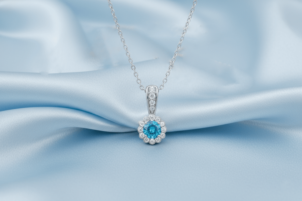 Mặt dây Đá quý tự nhiên Blue Topaz Halo Pendant Necklace in Sterling Silver by AME Jewellery