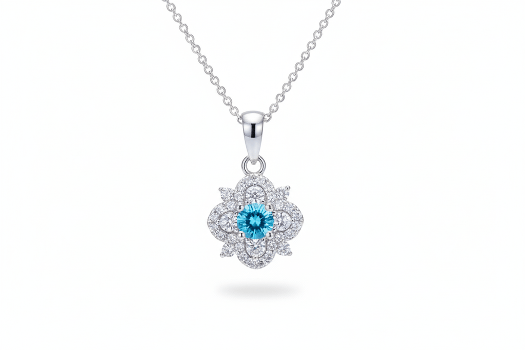 Mặt dây Đá quý tự nhiên Blue Topaz Flower Pendant Necklace in Sterling Silver by AME Jewellery