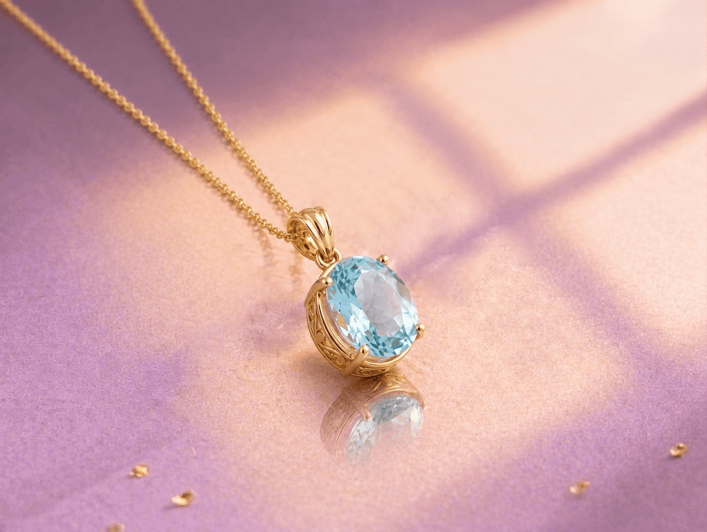 Mặt dây Vàng 14K Đá quý tự nhiên Blue Topaz oval - AME Jewellery