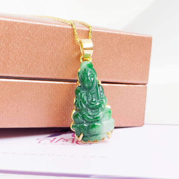 Mặt dây Phật Bà Quan Âm Cẩm thạch thiên nhiên | Guanyin Buddha Jadeite Jade Gold Pendant Necklace | AME Jewellery
