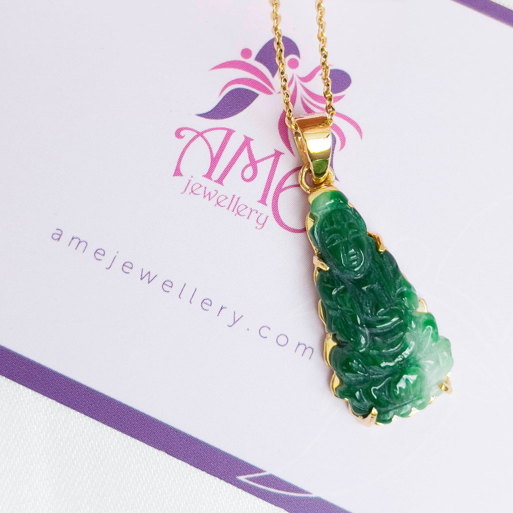 Mặt dây Phật Bà Quan Âm Cẩm thạch thiên nhiên | Guanyin Buddha Jadeite Jade Gold Pendant Necklace | AME Jewellery