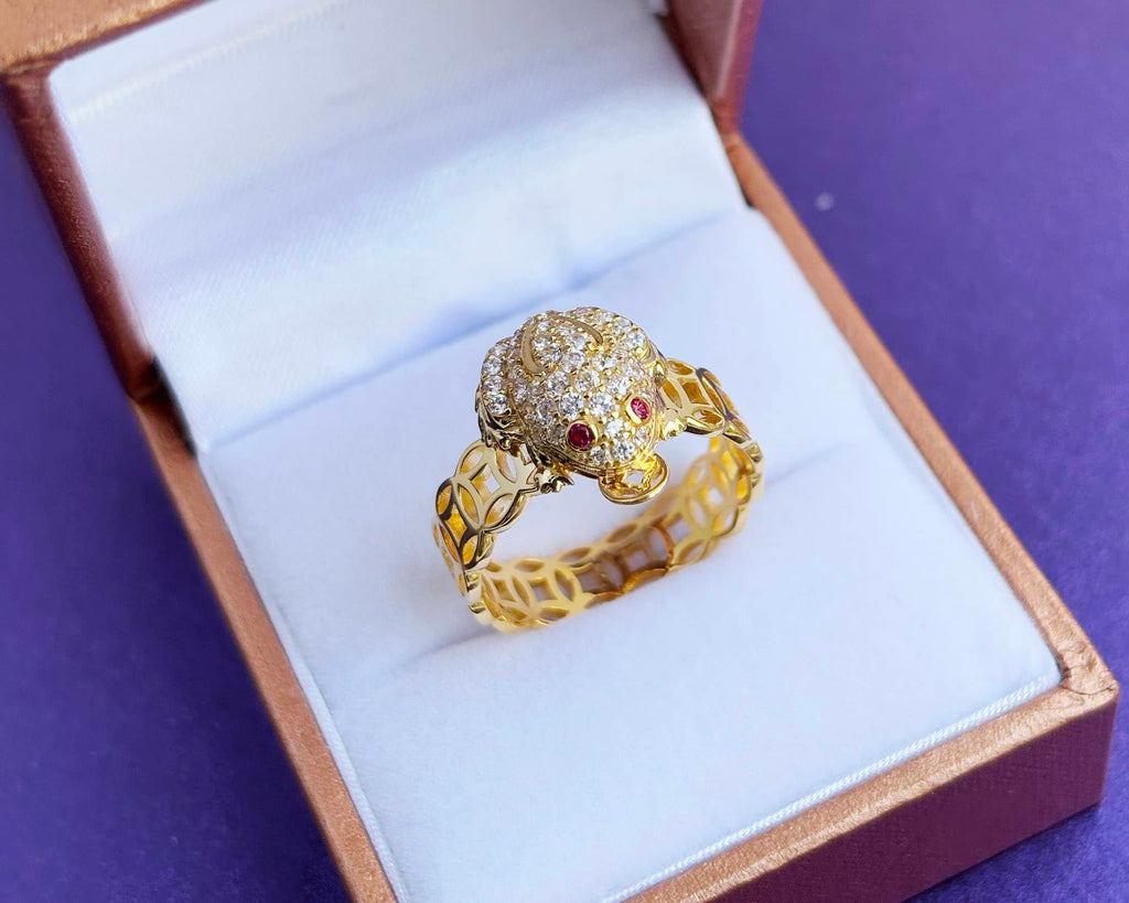 Nhẫn Vàng Cóc ngậm tiền Thiềm Thừ | Lucky Frog, Green Money Frog - Three Legged Wealth Frog or Money Toad Gold Ring | AME Jewellery