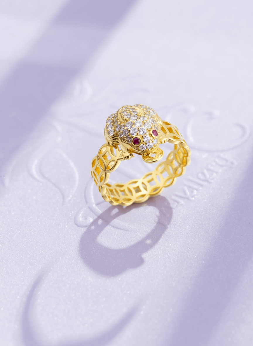 Nhẫn Vàng Cóc ngậm tiền Thiềm Thừ | Lucky Frog, Green Money Frog - Three Legged Wealth Frog or Money Toad Gold Ring | AME Jewellery