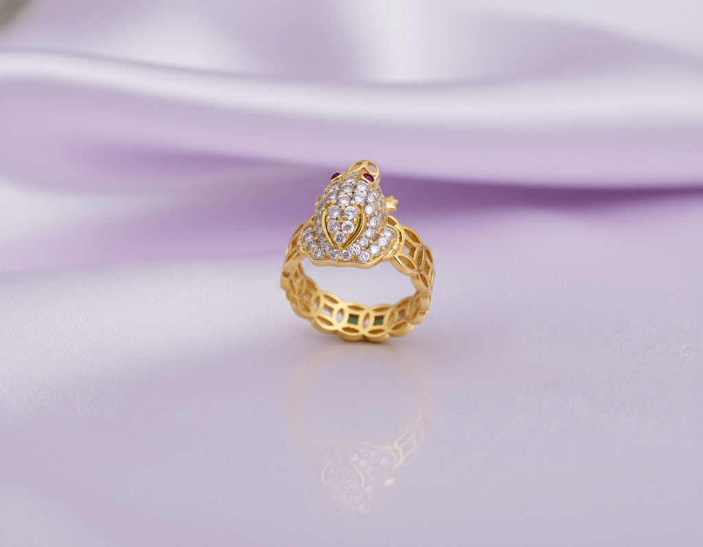 Nhẫn Vàng Cóc ngậm tiền Thiềm Thừ | Lucky Frog, Green Money Frog - Three Legged Wealth Frog or Money Toad Gold Ring | AME Jewellery