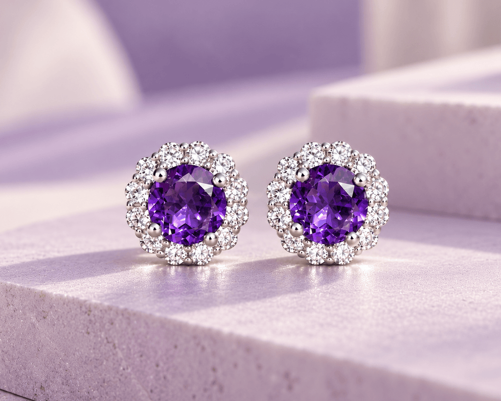 5mm Natural Amethyst Halo Earrings in Sterling Silver - AME Jewellery
