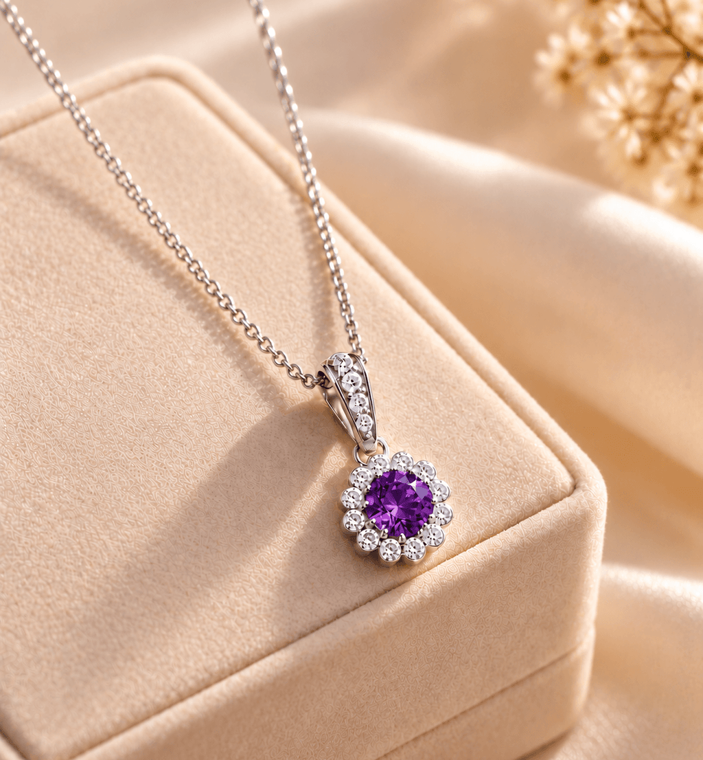 Natural Heart-cut Amethyst Halo Pendant in Sterling Silver by AME Jewellery. 