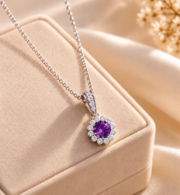 Natural Heart-cut Amethyst Halo Pendant in Sterling Silver by AME Jewellery. 