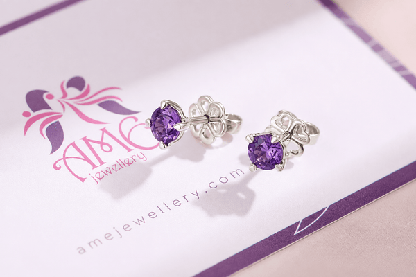 Natural Amethyst 4-prong Earrings in Sterling Silver - AME Jewellery