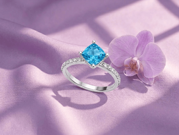 Natural Cushion-cut Blue Topaz Ring in Sterling Silver by AME Jewellery