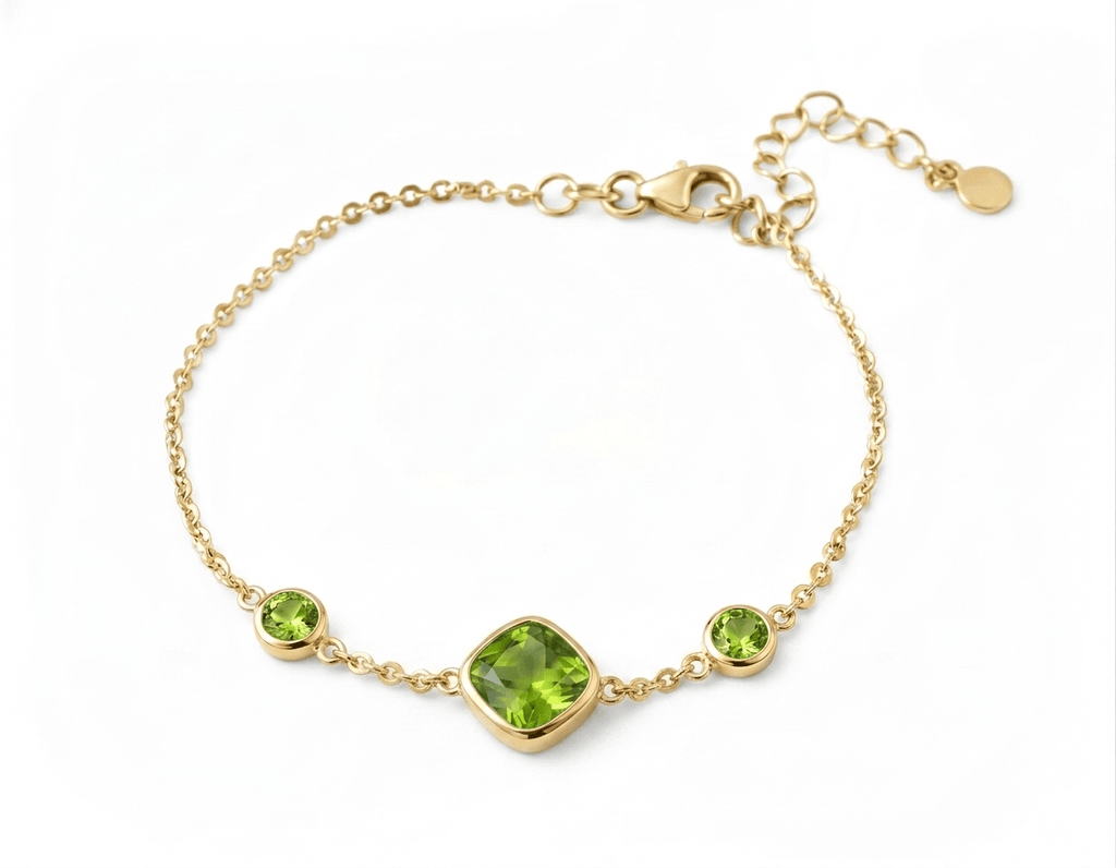 Natural Cushion-cut Peridot Trilogy Bracelet in 14K Yellow Gold by AME Jewellery