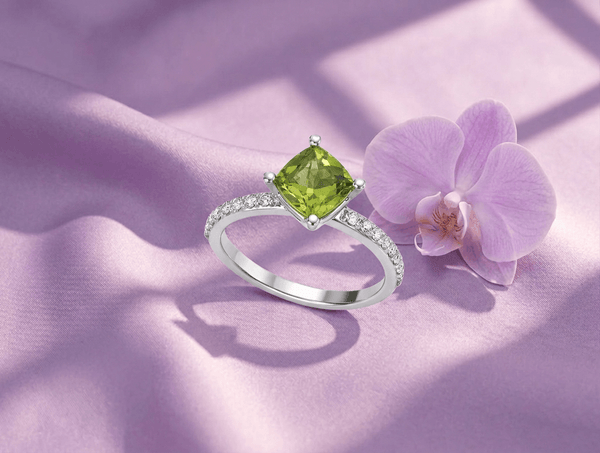 Natural Cushion-cut Peridot Ring in Sterling Silver by AME Jewellery