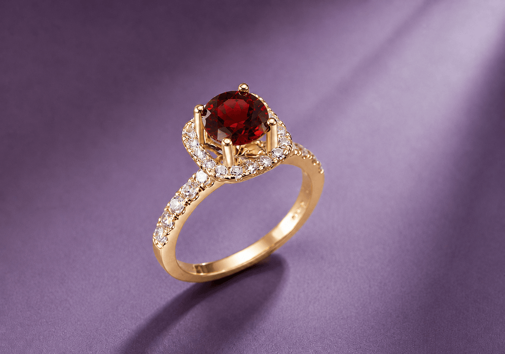 Natural Red Garnet Halo Square Ring in 14K Yellow Gold by AME Jewellery.