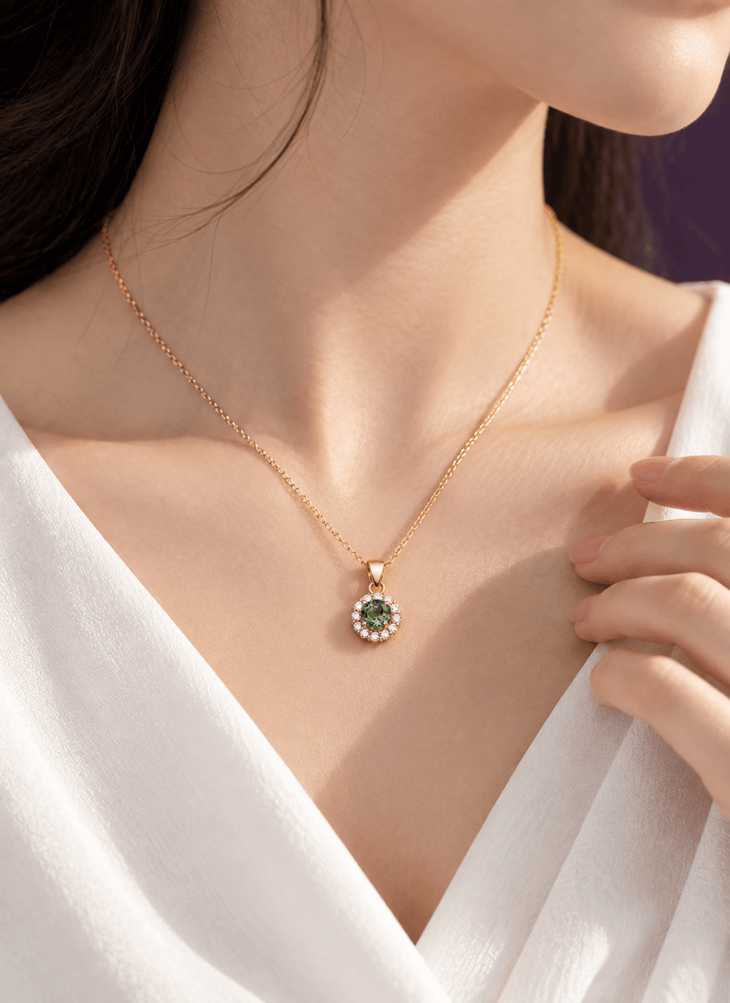 Natural Green Tourmaline Halo Pendant Necklace in 14K Yellow Gold - AME Jewellery